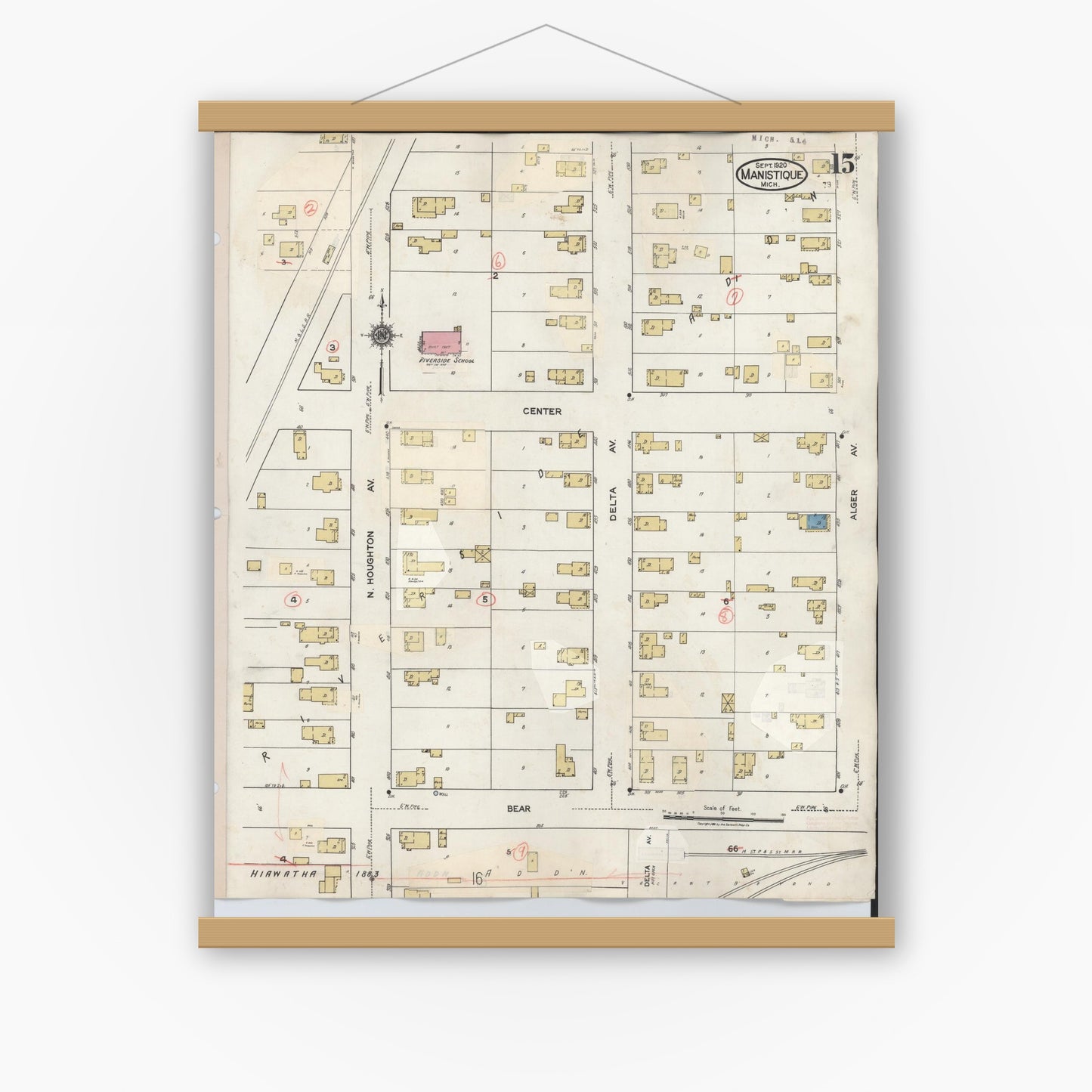 Old map wall art mockup — magnetic wood frame on white wall — Sanborn Fire Insurance Map from Manistique, Schoolcraft County, Michigan (1950), Sheet #0015