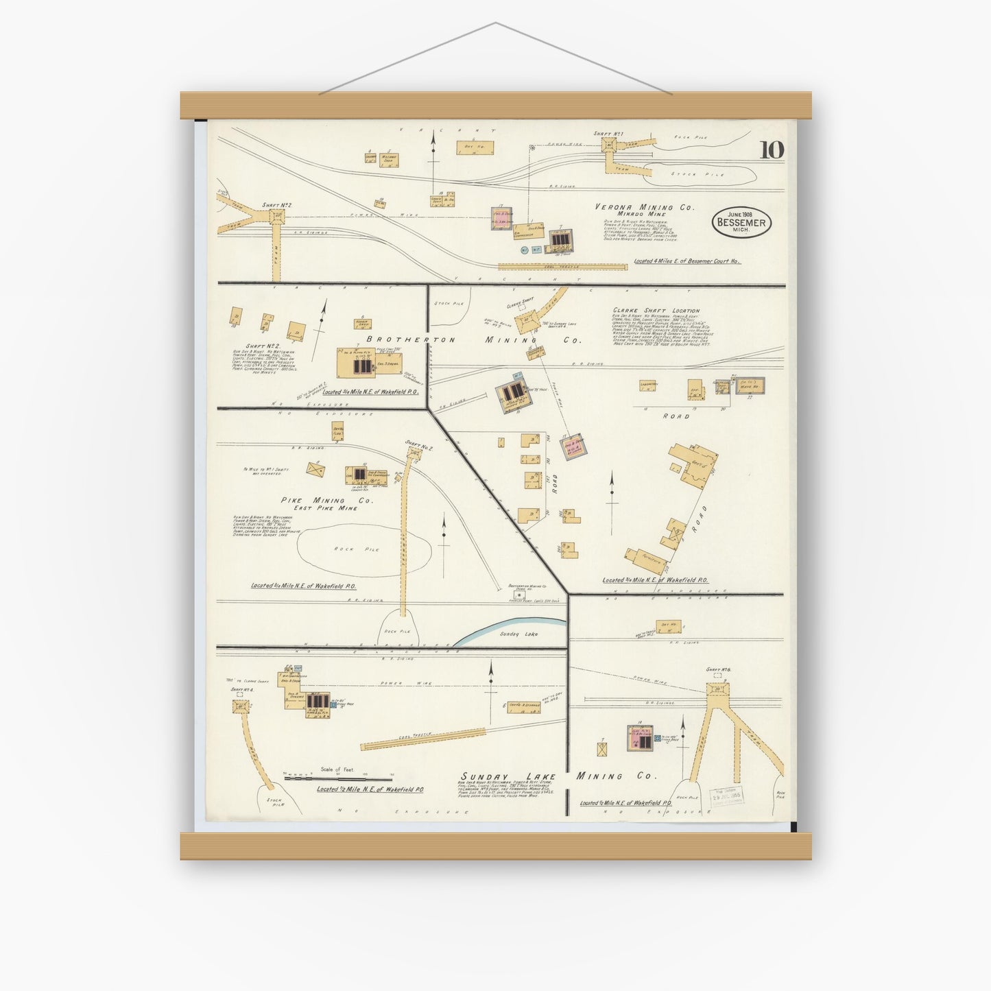 Old map wall art mockup — magnetic wood frame on white wall — Sanborn Fire Insurance Map from Bessemer, Gogebic County, Michigan (1908), Sheet #0010