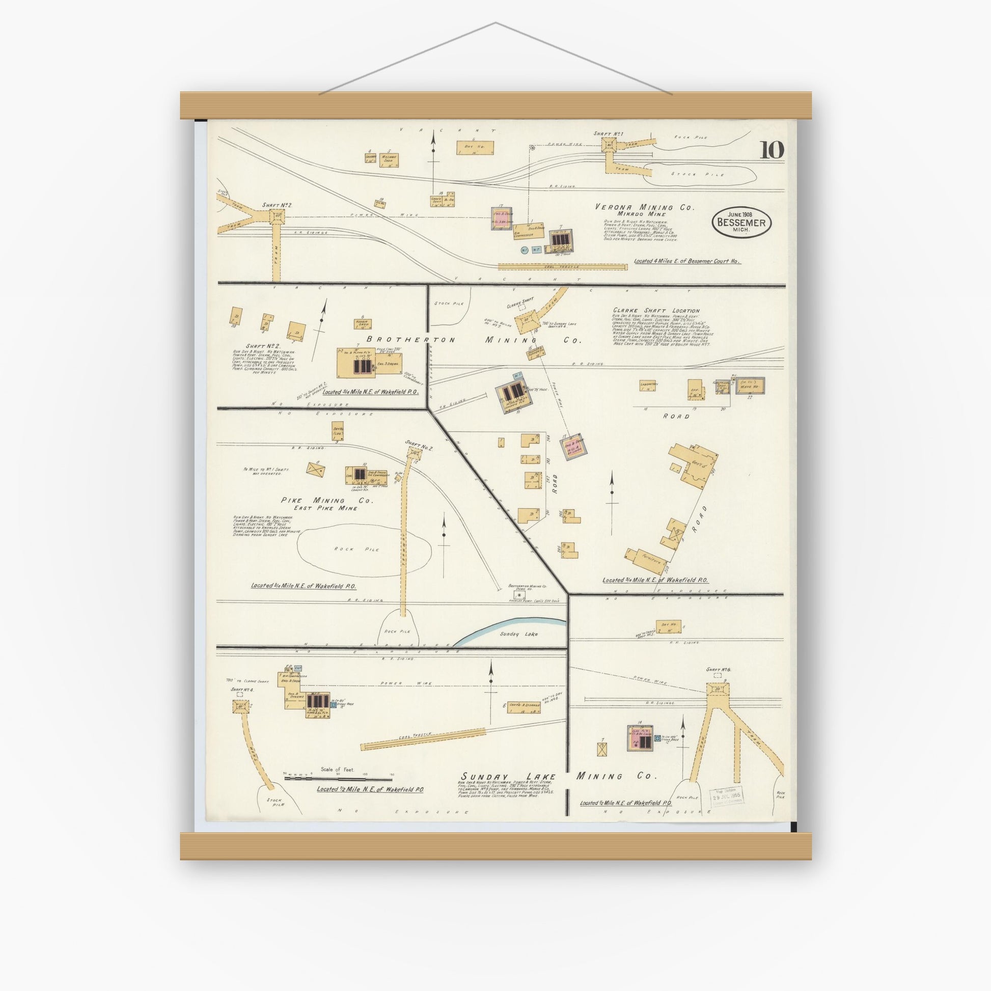 Old map wall art mockup — magnetic wood frame on white wall — Sanborn Fire Insurance Map from Bessemer, Gogebic County, Michigan (1908), Sheet #0010