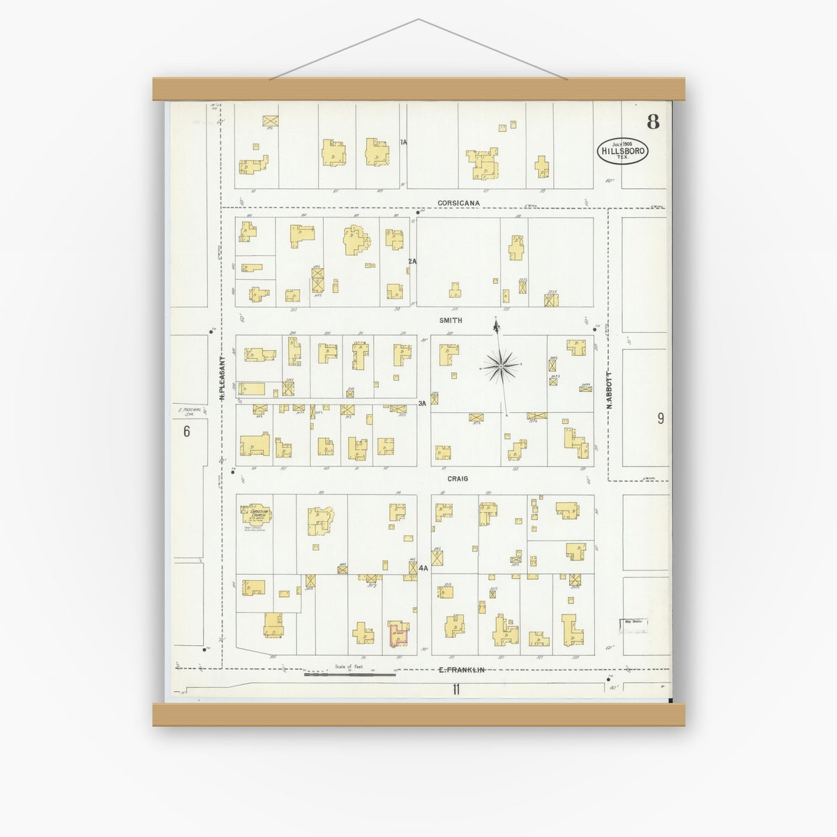 Old map wall art mockup — magnetic wood frame on white wall — Sanborn Fire Insurance Map from Hillsboro, Hill County, Texas (1900), Sheet #0008
