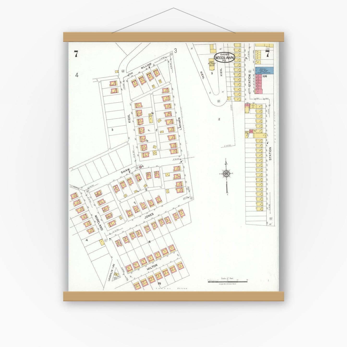 Old map wall art mockup — magnetic wood frame on white wall — Sanborn Fire Insurance Map from Woodlawn, Beaver County, Pennsylvania (1923), Sheet #0007
