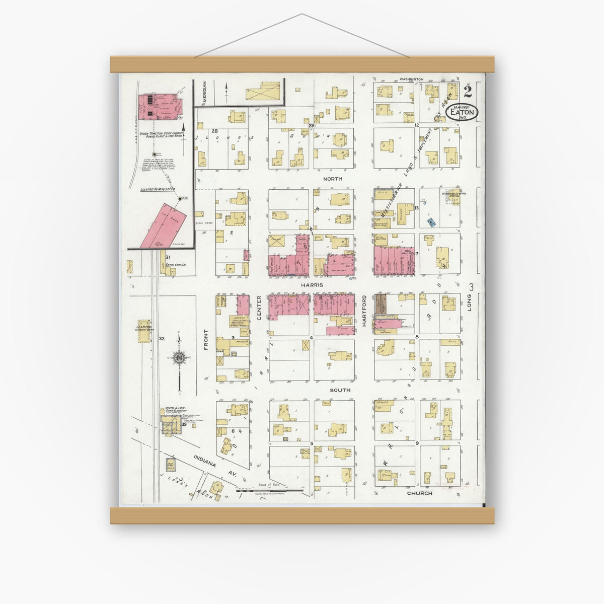 Old map wall art mockup — magnetic wood frame on white wall — Sanborn Fire Insurance Map from Eaton, Delaware County, Indiana (1920), Sheet #0002