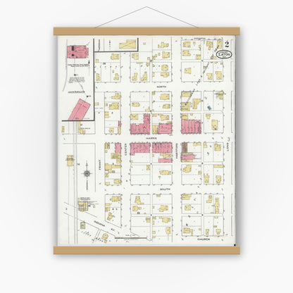 Old map wall art mockup — magnetic wood frame on white wall — Sanborn Fire Insurance Map from Eaton, Delaware County, Indiana (1920), Sheet #0002