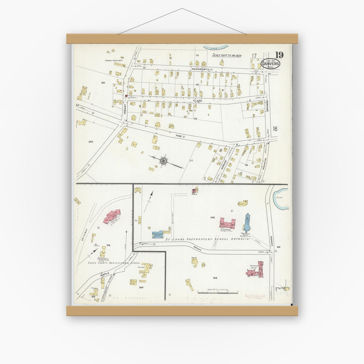 Old map wall art mockup — magnetic wood frame on white wall — Sanborn Fire Insurance Map from Danvers, Essex County, Massachusetts (1916), Sheet #0019