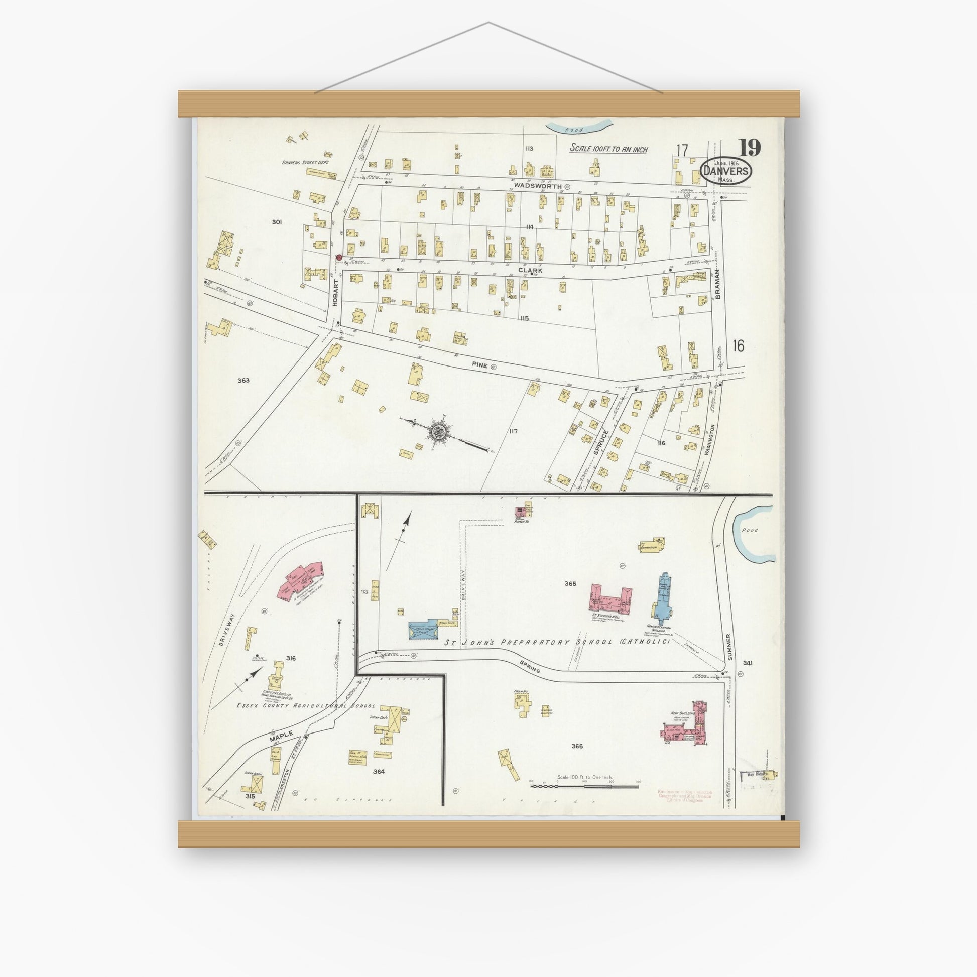 Old map wall art mockup — magnetic wood frame on white wall — Sanborn Fire Insurance Map from Danvers, Essex County, Massachusetts (1916), Sheet #0019