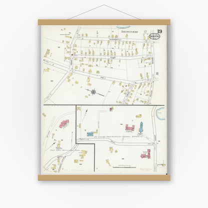 Old map wall art mockup — magnetic wood frame on white wall — Sanborn Fire Insurance Map from Danvers, Essex County, Massachusetts (1916), Sheet #0019