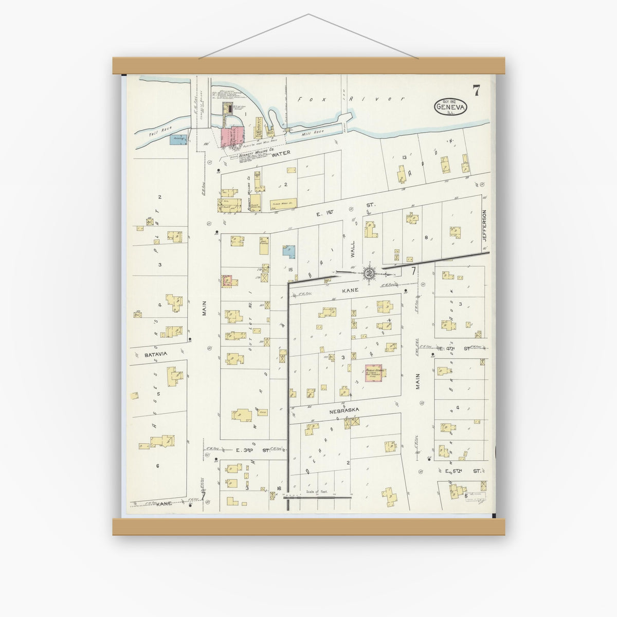 Old map wall art mockup — magnetic wood frame on white wall — Sanborn Fire Insurance Map from Geneva, Kane County, Illinois (1912), Sheet #0007