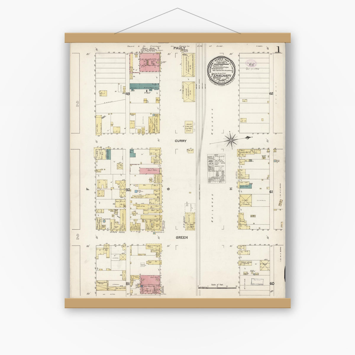 Old map wall art mockup — magnetic wood frame on white wall — Sanborn Fire Insurance Map from Tehachapi, Kern County, California (1894) - Complete Map Set