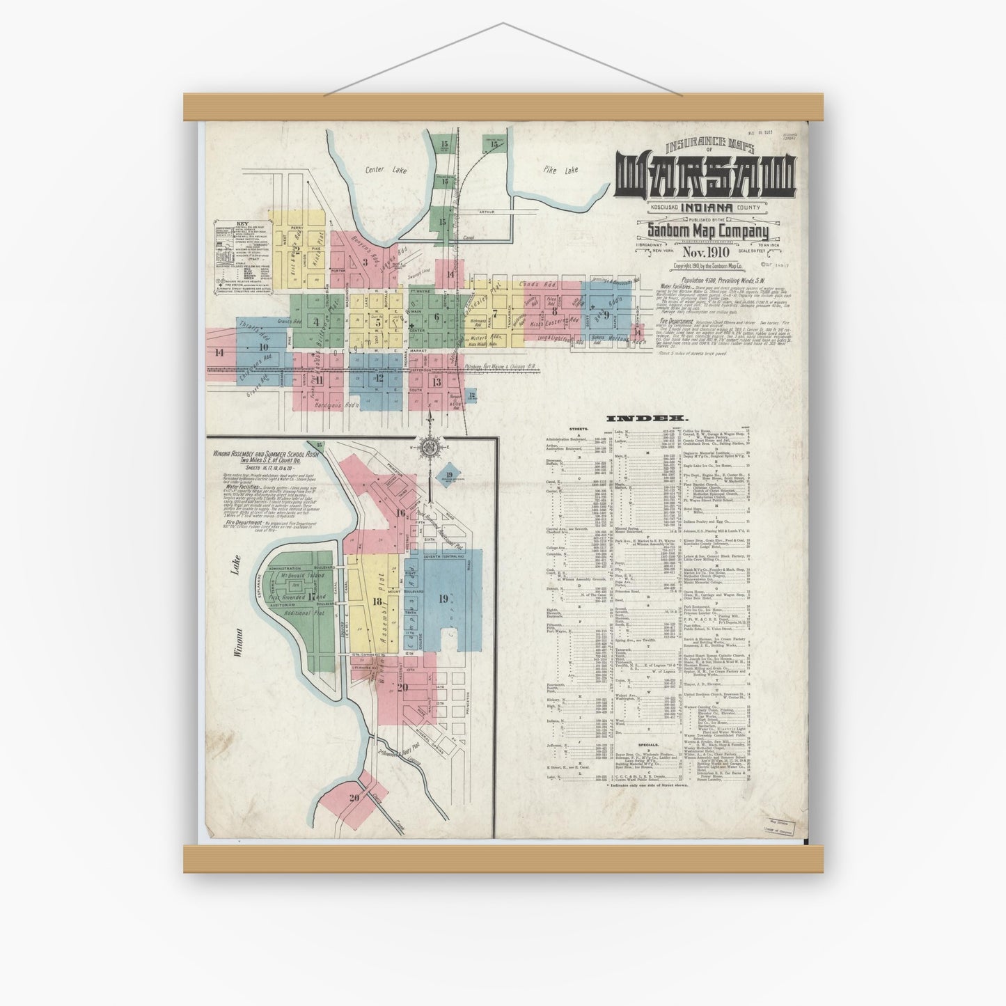 Old map wall art mockup — magnetic wood frame on white wall — Sanborn Fire Insurance Map from Warsaw, Kosciusko County, Indiana (1910) - Complete Map Set