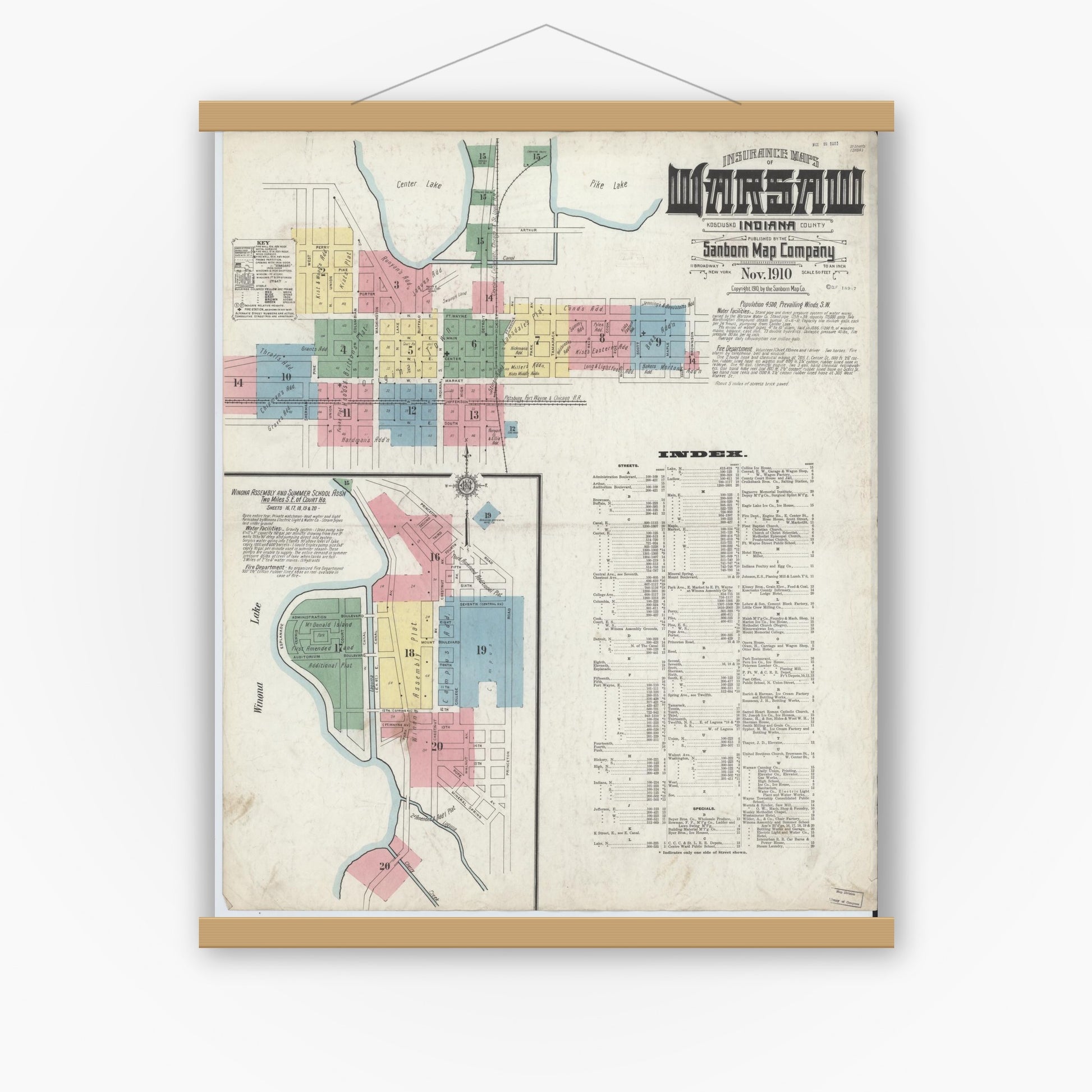 Old map wall art mockup — magnetic wood frame on white wall — Sanborn Fire Insurance Map from Warsaw, Kosciusko County, Indiana (1910) - Complete Map Set