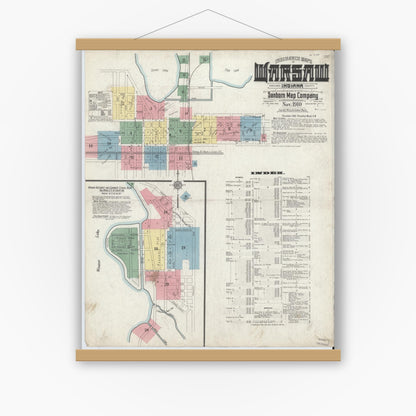 Old map wall art mockup — magnetic wood frame on white wall — Sanborn Fire Insurance Map from Warsaw, Kosciusko County, Indiana (1910) - Complete Map Set