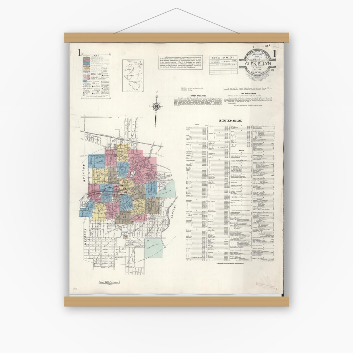 Old map wall art mockup — magnetic wood frame on white wall — Sanborn Fire Insurance Map from Glen Ellyn, Du Page County, Illinois (1946) - Complete Map Set