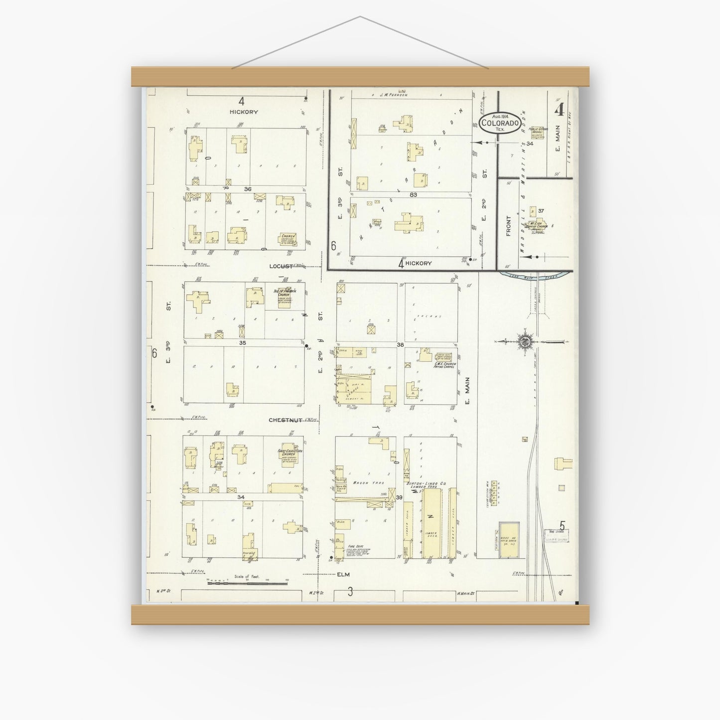 Old map wall art mockup — magnetic wood frame on white wall — Sanborn Fire Insurance Map from Colorado, Mitchell County, Texas (1914), Sheet #0004