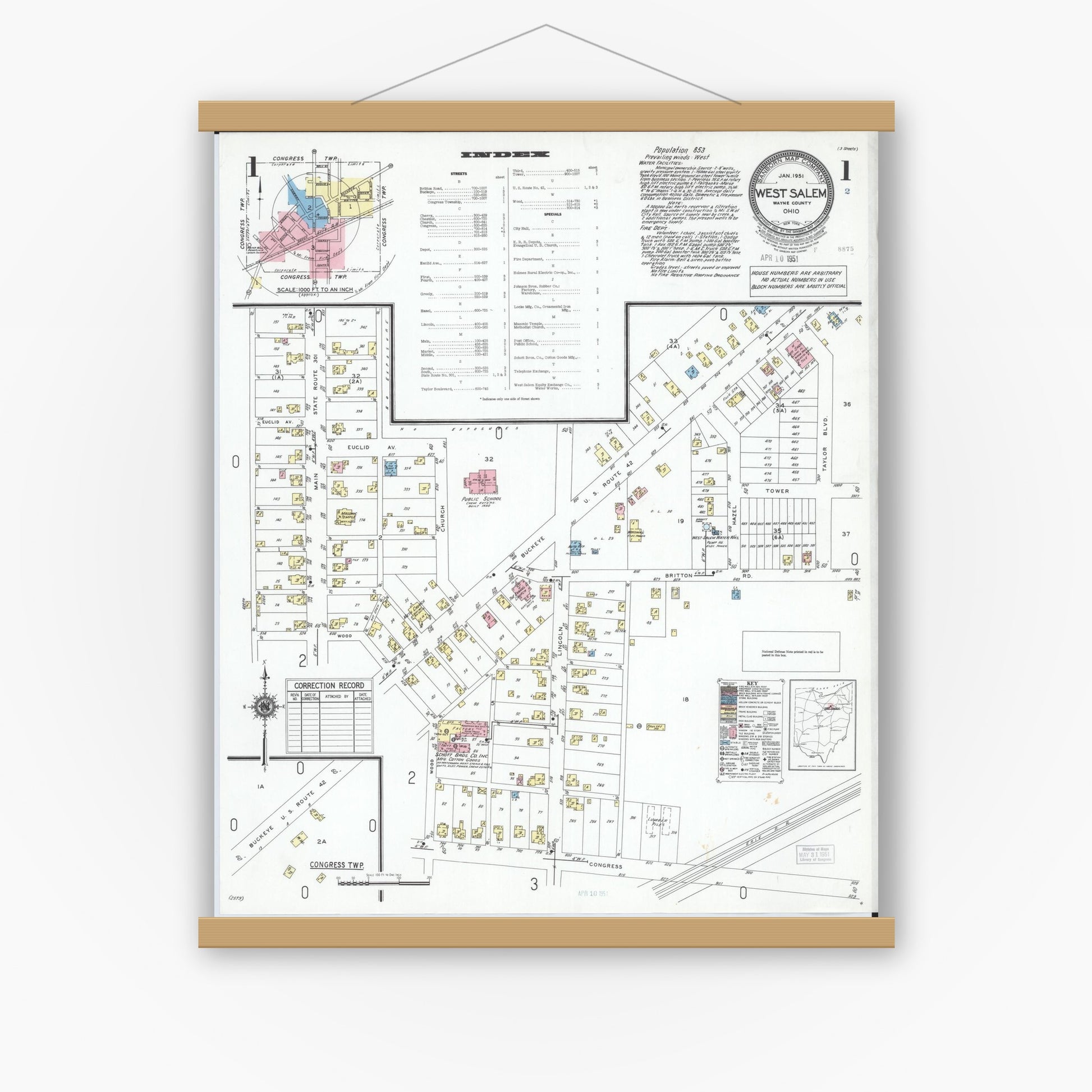 Old map wall art mockup — magnetic wood frame on white wall — Sanborn Fire Insurance Map from West Salem, Wayne County, Ohio (1951), Sheet #0001