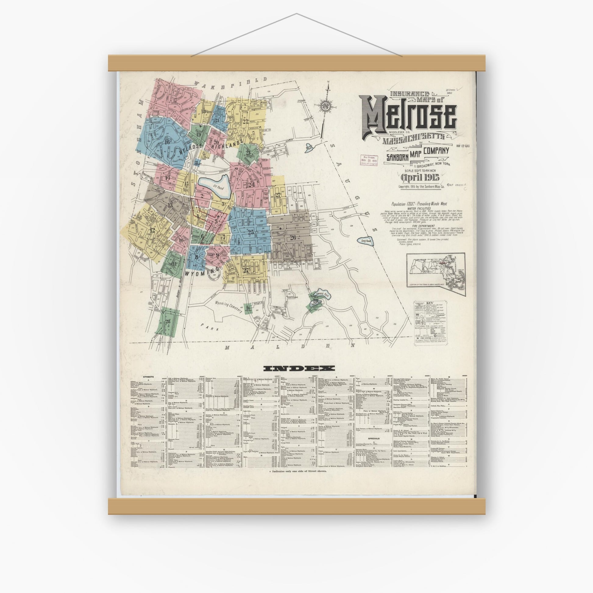 Old map wall art mockup — magnetic wood frame on white wall — Sanborn Fire Insurance Map from Melrose, Middlesex County, Massachusetts (1915), Sheet #0001