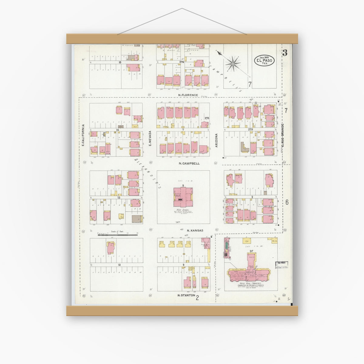 Old map wall art mockup — magnetic wood frame on white wall — Sanborn Fire Insurance Map from El Paso, El Paso County, Texas (1905), Sheet #0003