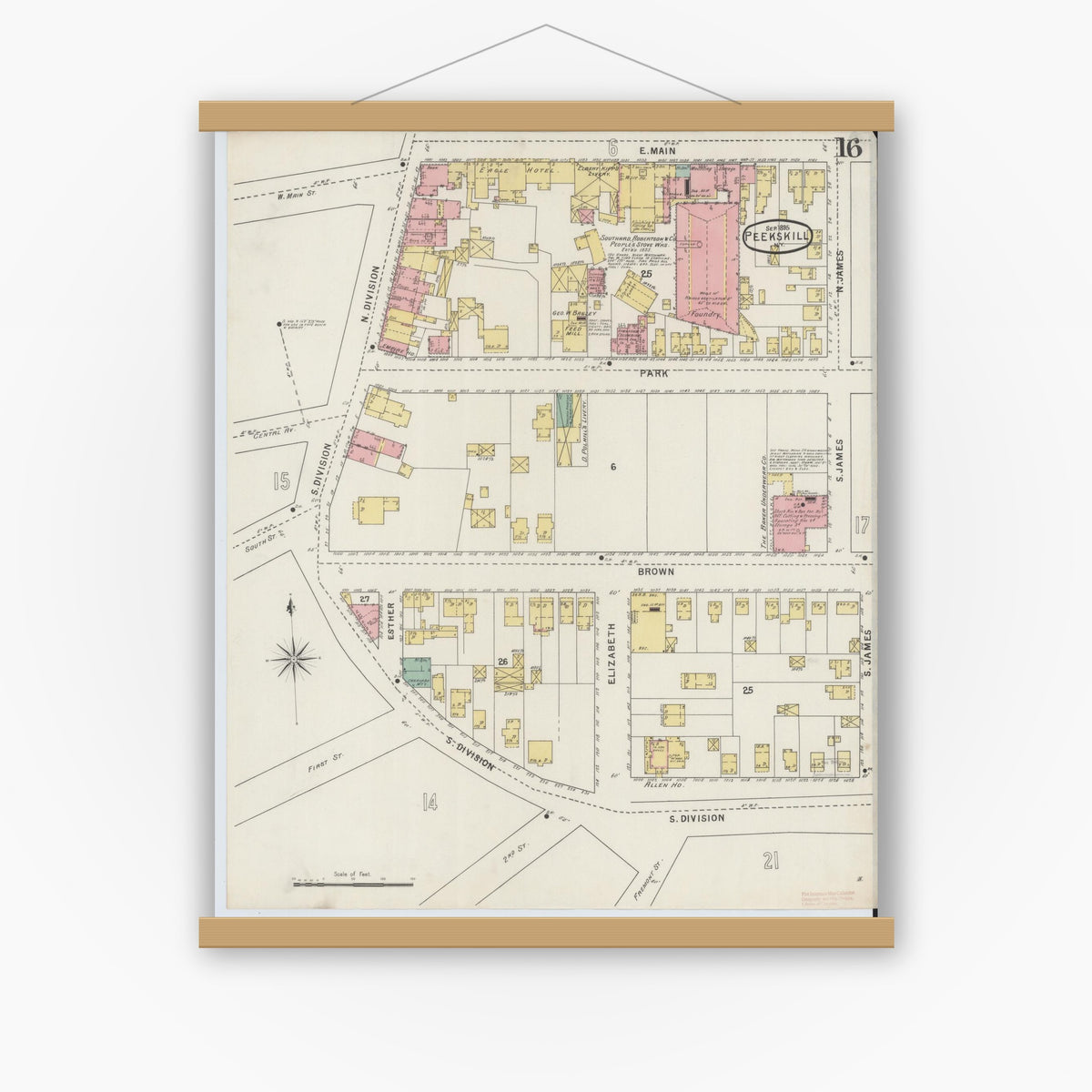 Old map wall art mockup — magnetic wood frame on white wall — Sanborn Fire Insurance Map from Peekskill, Westchester County, New York (1895), Sheet #0016