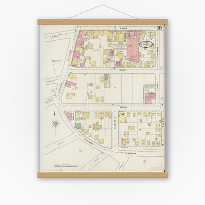 Old map wall art mockup — magnetic wood frame on white wall — Sanborn Fire Insurance Map from Peekskill, Westchester County, New York (1895), Sheet #0016