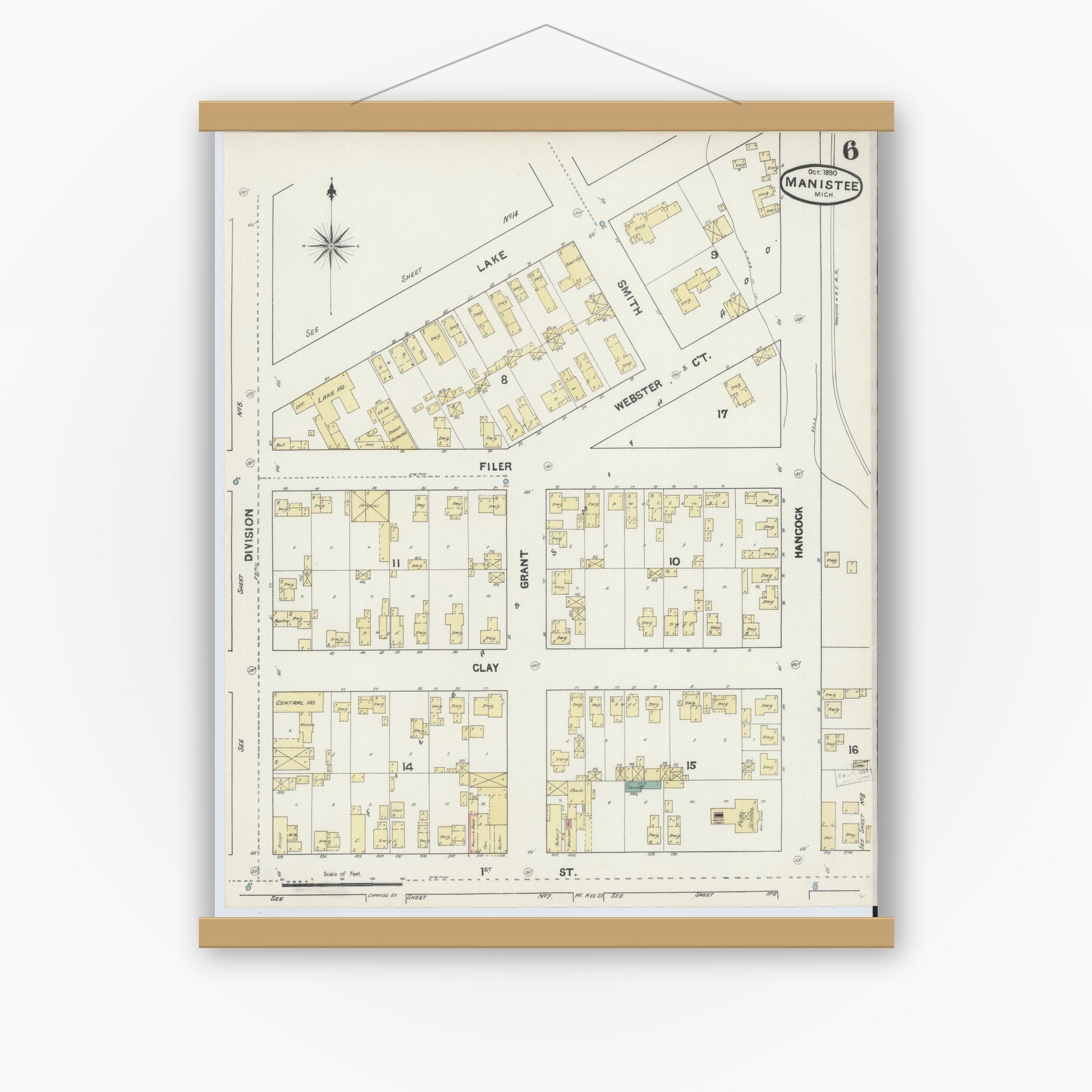 Old map wall art mockup — magnetic wood frame on white wall — Sanborn Fire Insurance Map from Manistee, Manistee County, Michigan (1890), Sheet #0006