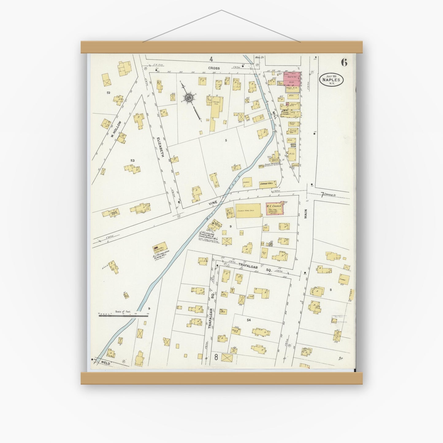 Old map wall art mockup — magnetic wood frame on white wall — Sanborn Fire Insurance Map from Naples, Ontario County, New York (1911), Sheet #0006