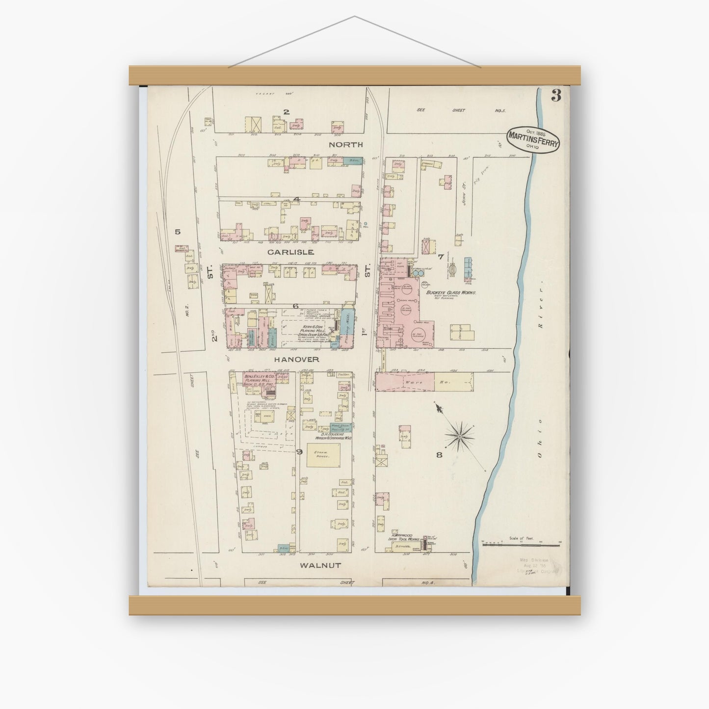 Old map wall art mockup — magnetic wood frame on white wall — Sanborn Fire Insurance Map from Martins Ferry, Belmont County, Ohio (Unknown), Sheet #0003