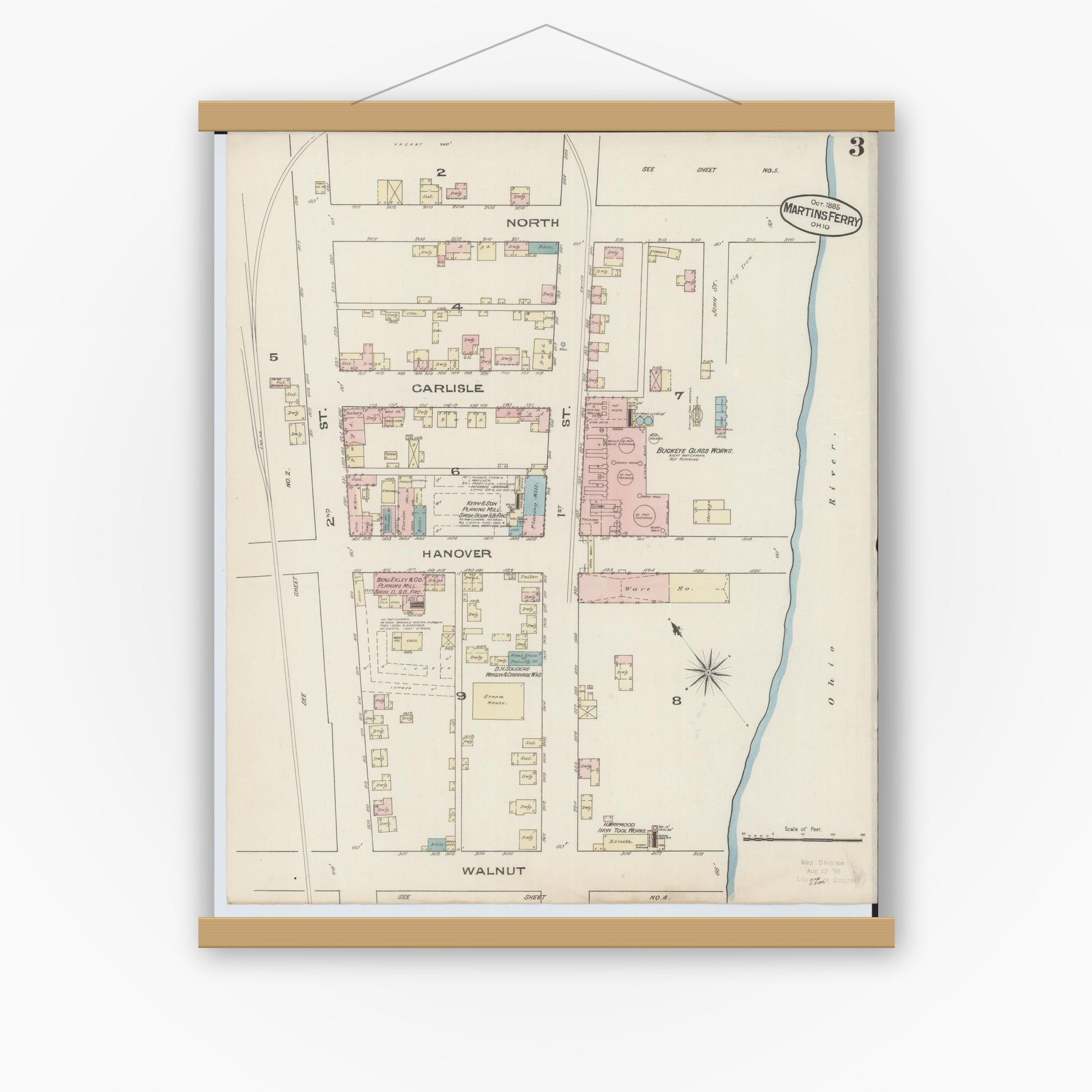 Old map wall art mockup — magnetic wood frame on white wall — Sanborn Fire Insurance Map from Martins Ferry, Belmont County, Ohio (Unknown), Sheet #0003
