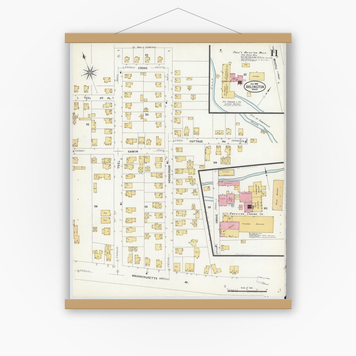 Old map wall art mockup — magnetic wood frame on white wall — Sanborn Fire Insurance Map from Arlington, Middlesex County, Massachusetts (1908), Sheet #0011