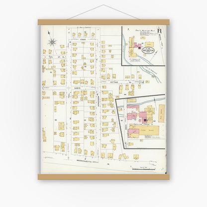 Old map wall art mockup — magnetic wood frame on white wall — Sanborn Fire Insurance Map from Arlington, Middlesex County, Massachusetts (1908), Sheet #0011