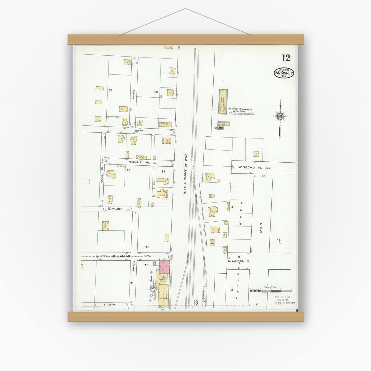 Old map wall art mockup — magnetic wood frame on white wall — Sanborn Fire Insurance Map from McKinney, Collin County, Texas (1920), Sheet #0012