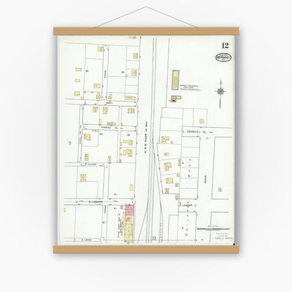 Old map wall art mockup — magnetic wood frame on white wall — Sanborn Fire Insurance Map from McKinney, Collin County, Texas (1920), Sheet #0012