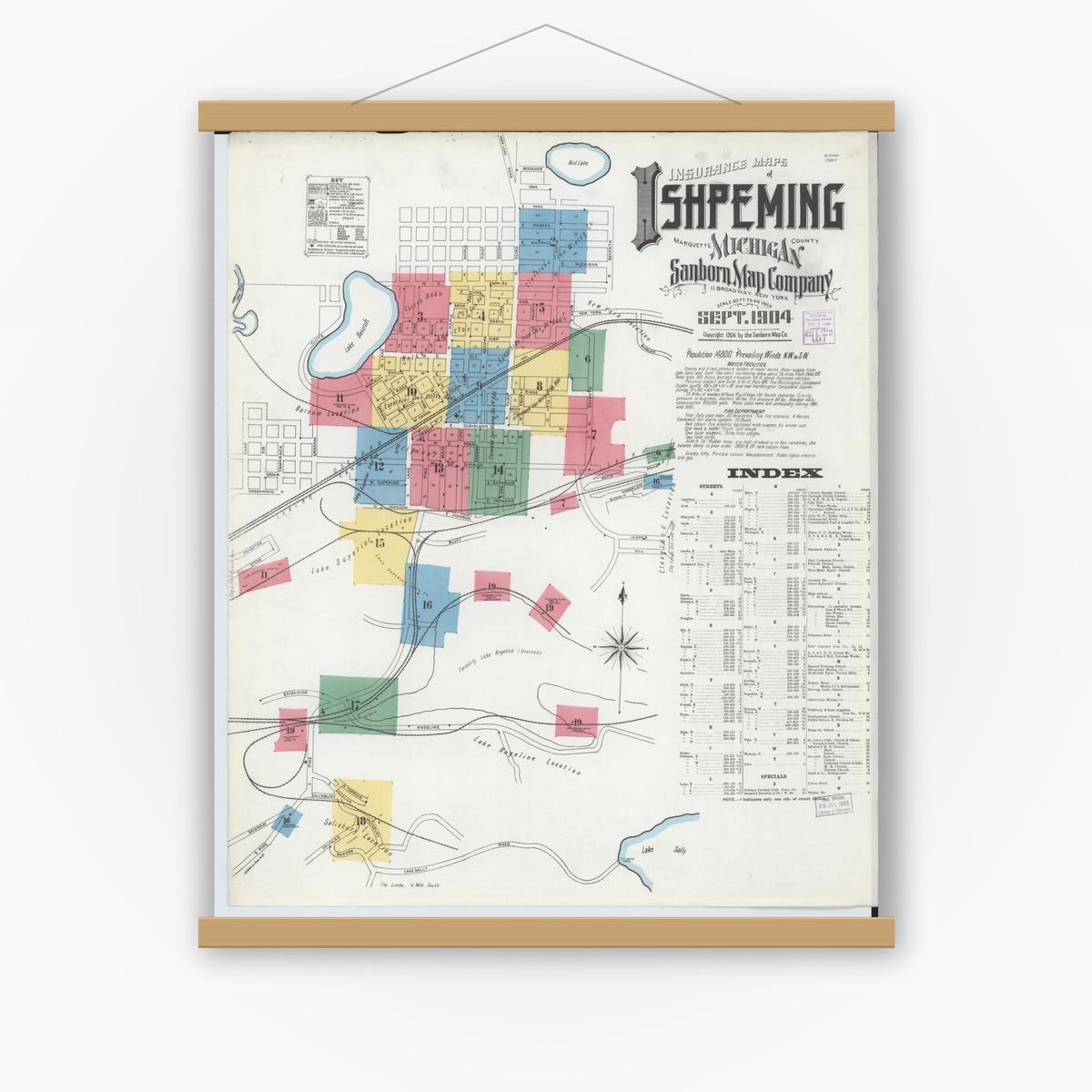 Old map wall art mockup — magnetic wood frame on white wall — Sanborn Fire Insurance Map from Ishpeming, Marquette County, Michigan (1904), Sheet #0001