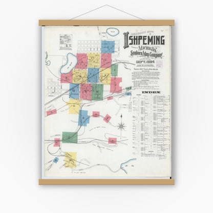 Old map wall art mockup — magnetic wood frame on white wall — Sanborn Fire Insurance Map from Ishpeming, Marquette County, Michigan (1904), Sheet #0001