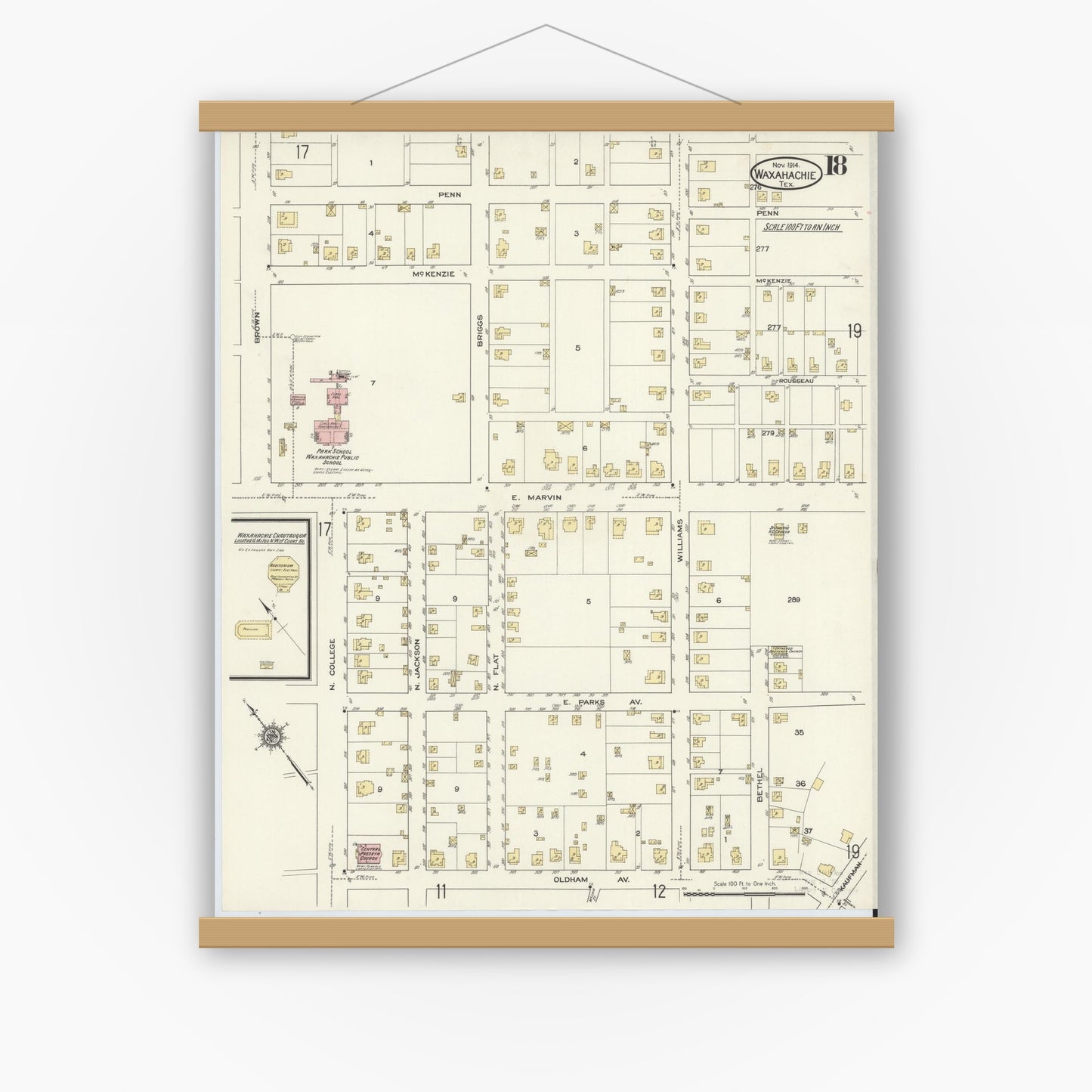 Old map wall art mockup — magnetic wood frame on white wall — Sanborn Fire Insurance Map from Waxahachie, Ellis County, Texas (1914), Sheet #0018