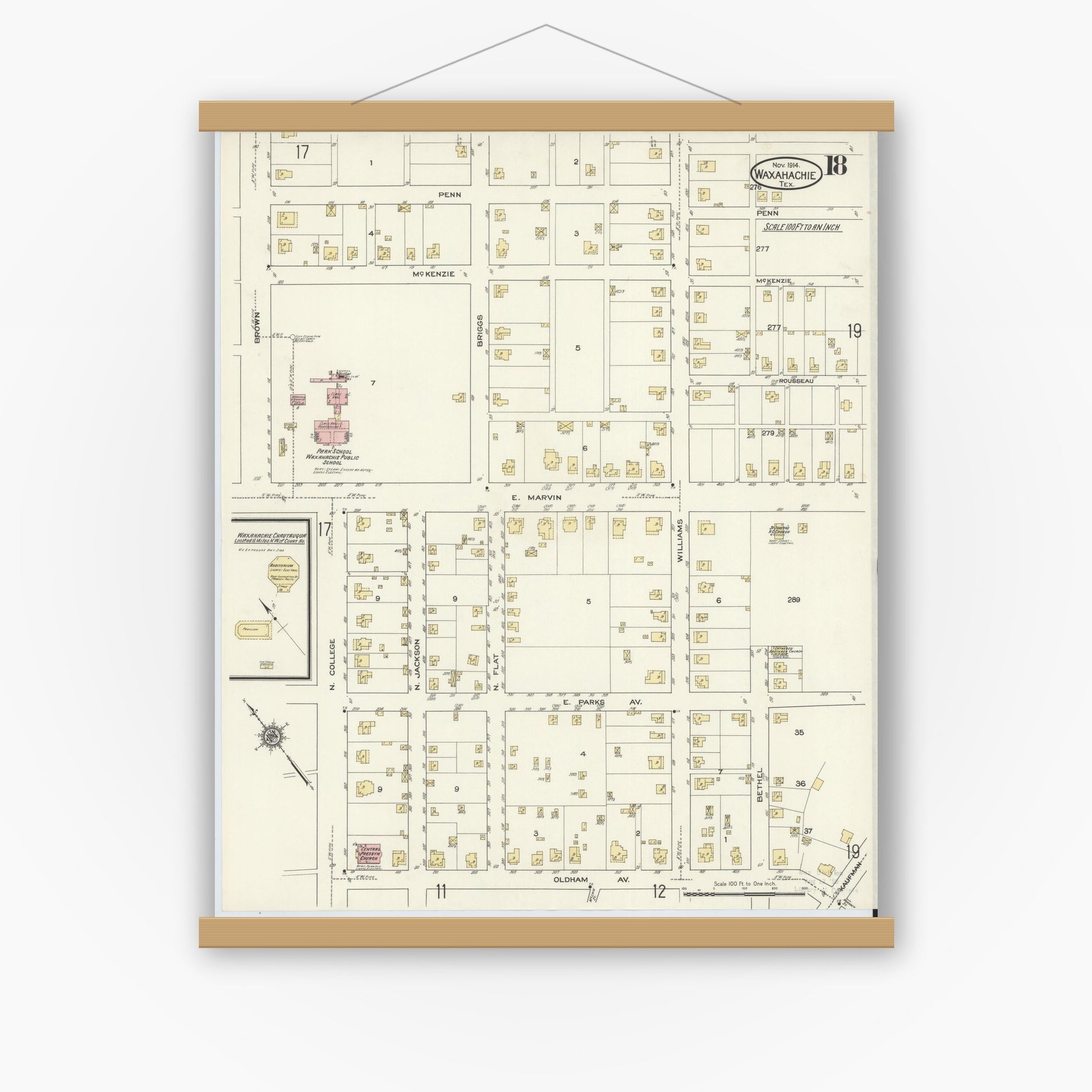 Old map wall art mockup — magnetic wood frame on white wall — Sanborn Fire Insurance Map from Waxahachie, Ellis County, Texas (1914), Sheet #0018