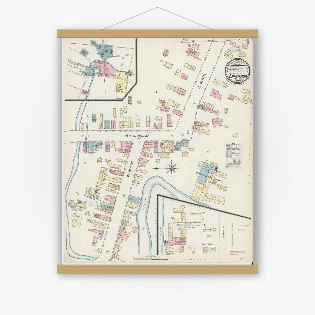 Old map wall art mockup — magnetic wood frame on white wall — Sanborn Fire Insurance Map from Lancaster, Erie County, New York (1885) - Complete Map Set