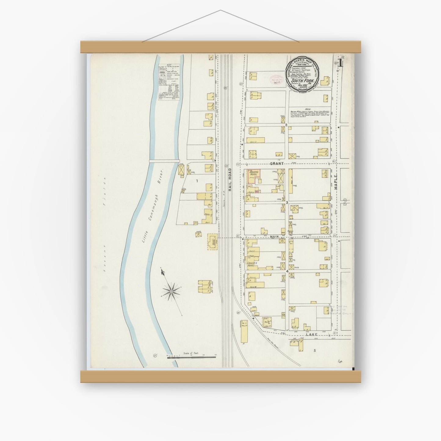 Old map wall art mockup — magnetic wood frame on white wall — Sanborn Fire Insurance Map from South Fork, Cambria County, Pennsylvania (1895), Sheet #0001