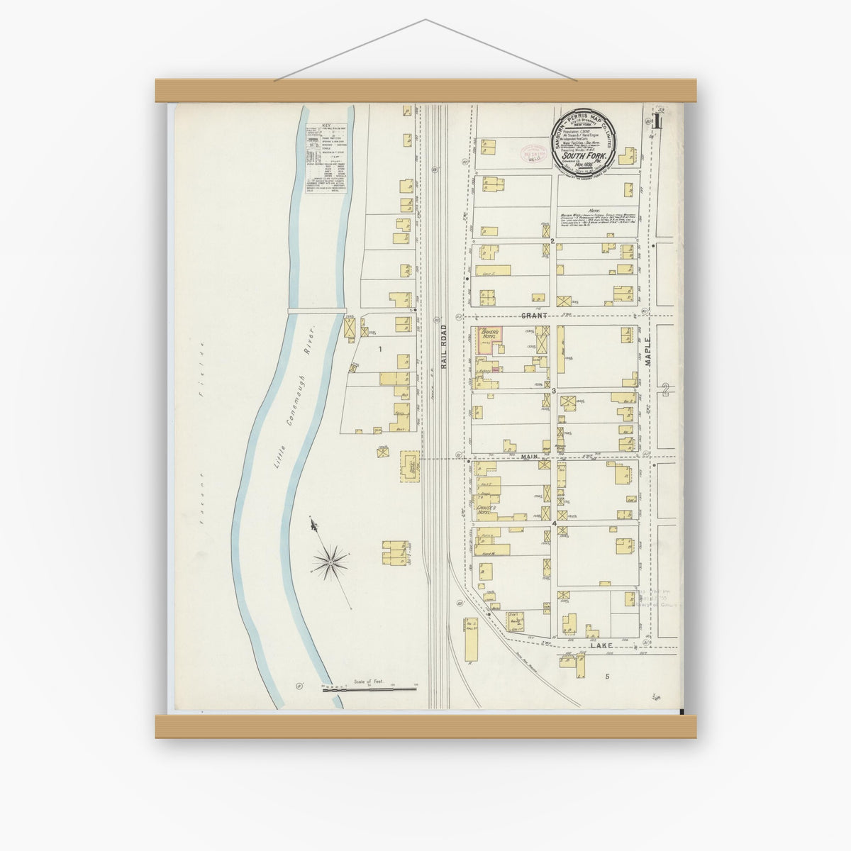 Old map wall art mockup — magnetic wood frame on white wall — Sanborn Fire Insurance Map from South Fork, Cambria County, Pennsylvania (1895), Sheet #0001