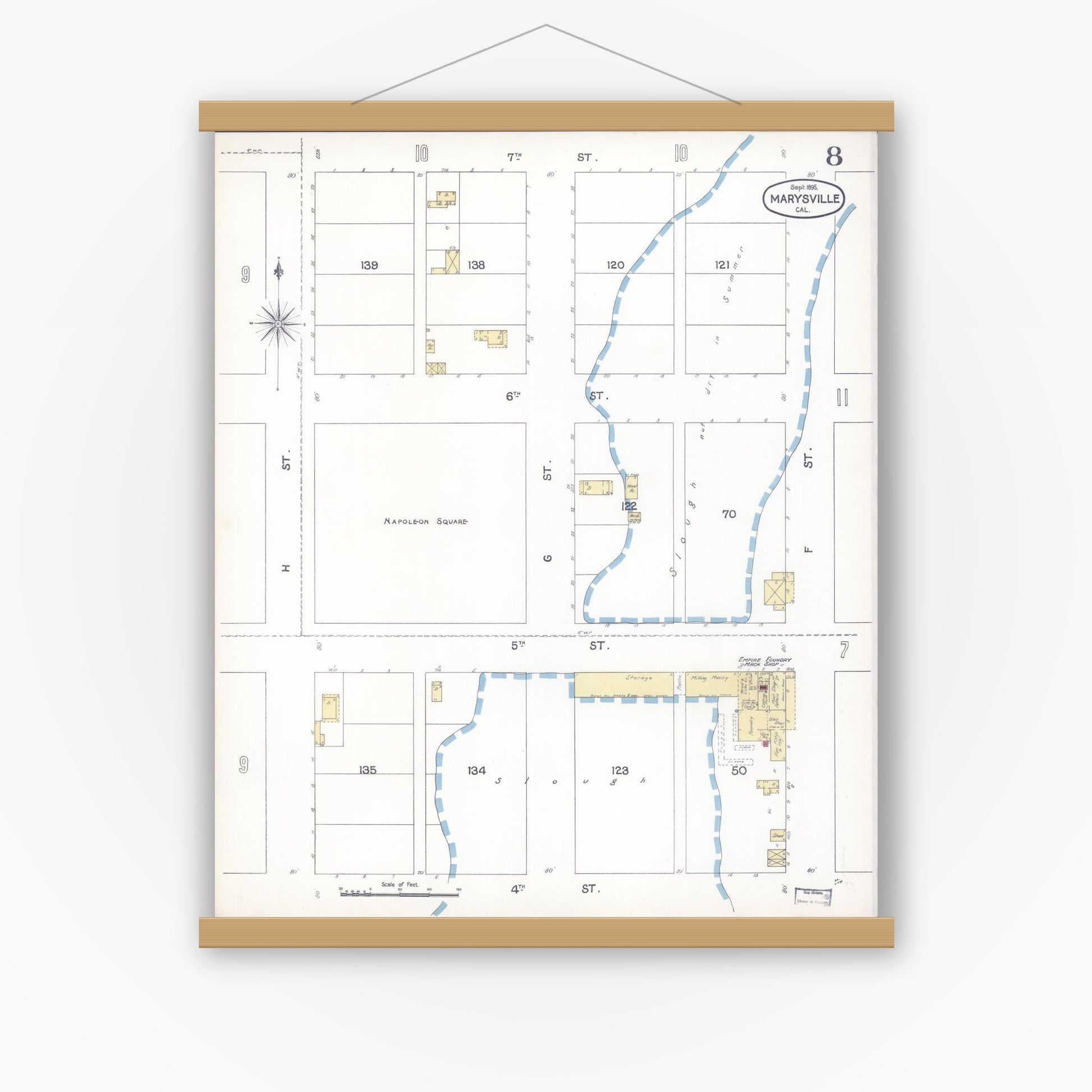 Old map wall art mockup — magnetic wood frame on white wall — Sanborn Fire Insurance Map from Marysville, Yuba County, California (1895), Sheet #0008