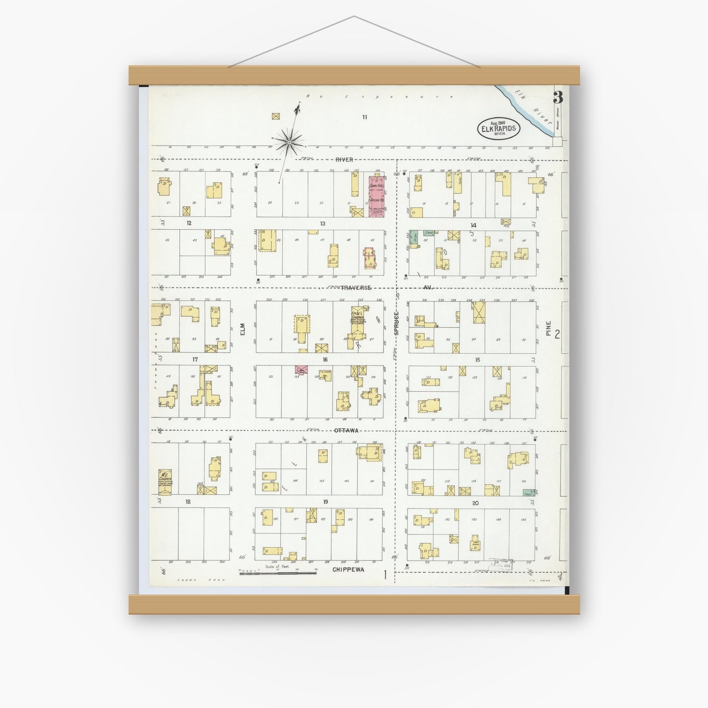 Old map wall art mockup — magnetic wood frame on white wall — Sanborn Fire Insurance Map from Elk Rapids, Antrim County, Michigan (1900), Sheet #0003