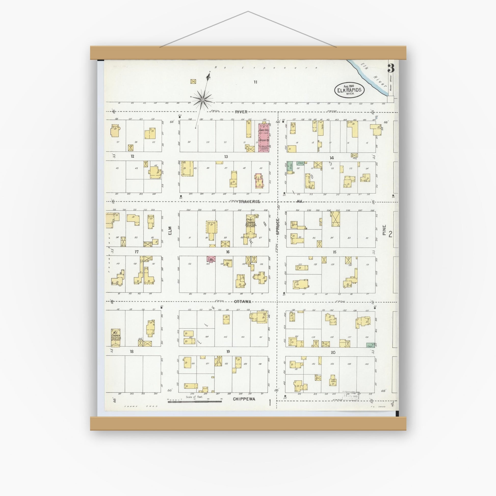 Old map wall art mockup — magnetic wood frame on white wall — Sanborn Fire Insurance Map from Elk Rapids, Antrim County, Michigan (1900), Sheet #0003