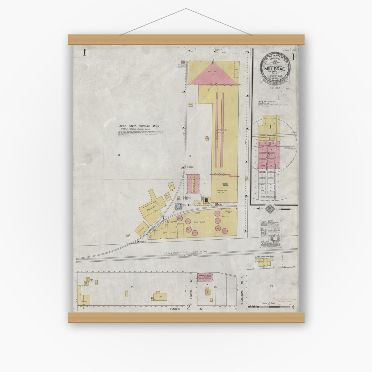 Old map wall art mockup — magnetic wood frame on white wall — Sanborn Fire Insurance Map from Millbrae, San Mateo County, California (1926) - Complete Map Set