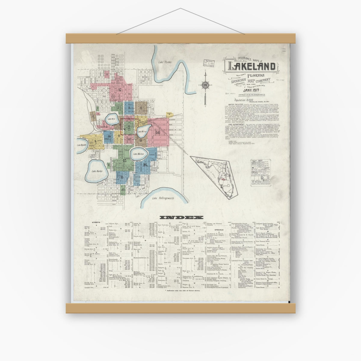Old map wall art mockup — magnetic wood frame on white wall — Sanborn Fire Insurance Map from Lakeland, Polk County, Florida (1917) - Complete Map Set