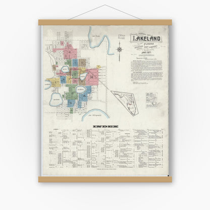 Old map wall art mockup — magnetic wood frame on white wall — Sanborn Fire Insurance Map from Lakeland, Polk County, Florida (1917) - Complete Map Set
