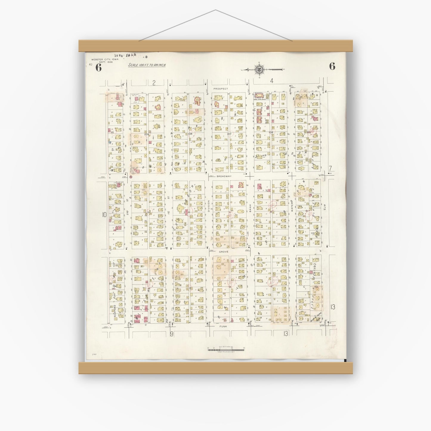 Old map wall art mockup — magnetic wood frame on white wall — Sanborn Fire Insurance Map from Webster City, Hamilton County, Iowa (1950), Sheet #0006
