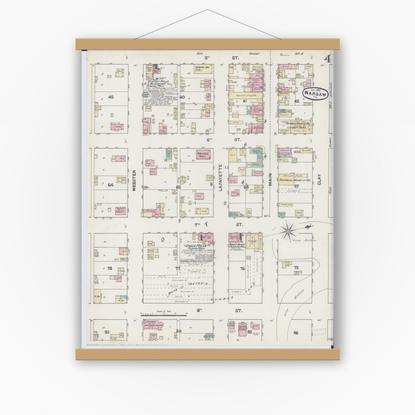 Old map wall art mockup — magnetic wood frame on white wall — Sanborn Fire Insurance Map from Warsaw, Hancock County, Illinois (1890), Sheet #0004