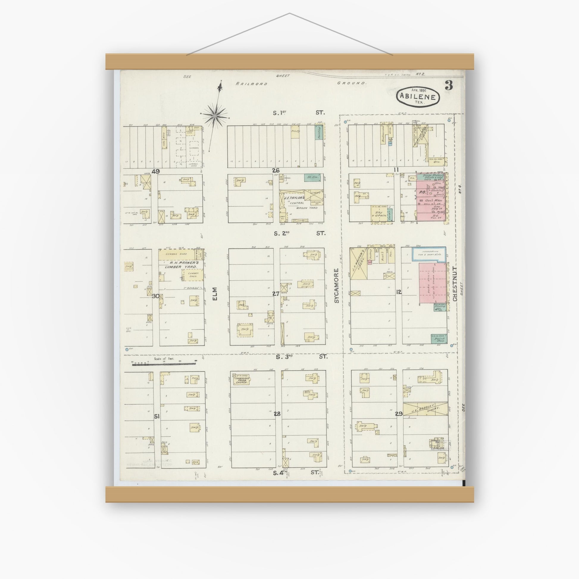 Old map wall art mockup — magnetic wood frame on white wall — Sanborn Fire Insurance Map from Abilene, Taylor County, Texas (1891), Sheet #0003