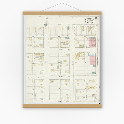 Old map wall art mockup — magnetic wood frame on white wall — Sanborn Fire Insurance Map from Abilene, Taylor County, Texas (1891), Sheet #0003