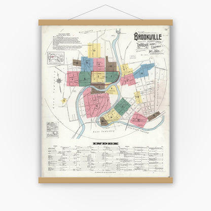 Old map wall art mockup — magnetic wood frame on white wall — Sanborn Fire Insurance Map from Brookville, Jefferson County, Pennsylvania (1921) - Complete Map Set