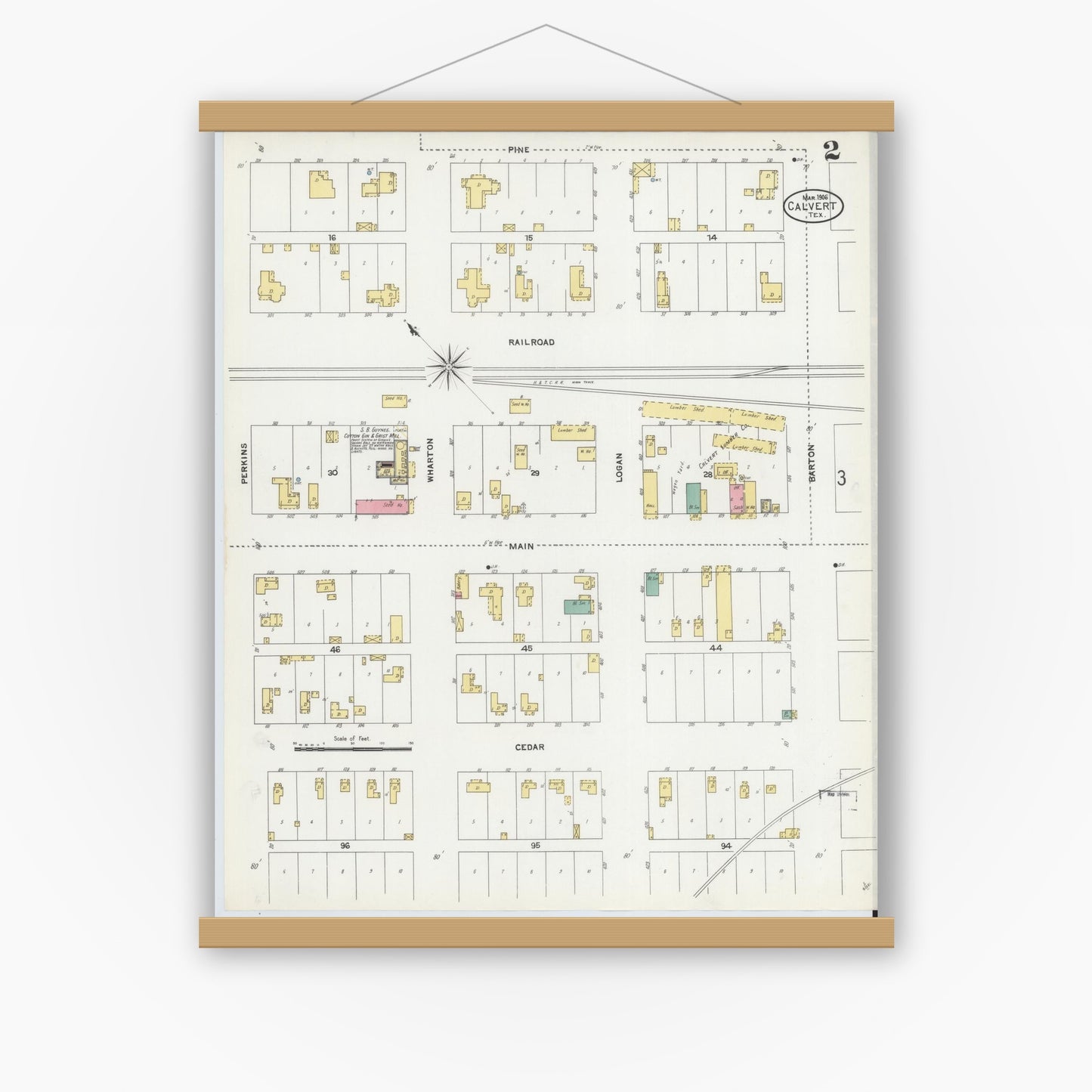 Old map wall art mockup — magnetic wood frame on white wall — Sanborn Fire Insurance Map from Calvert, Robertson County, Texas (1906), Sheet #0002