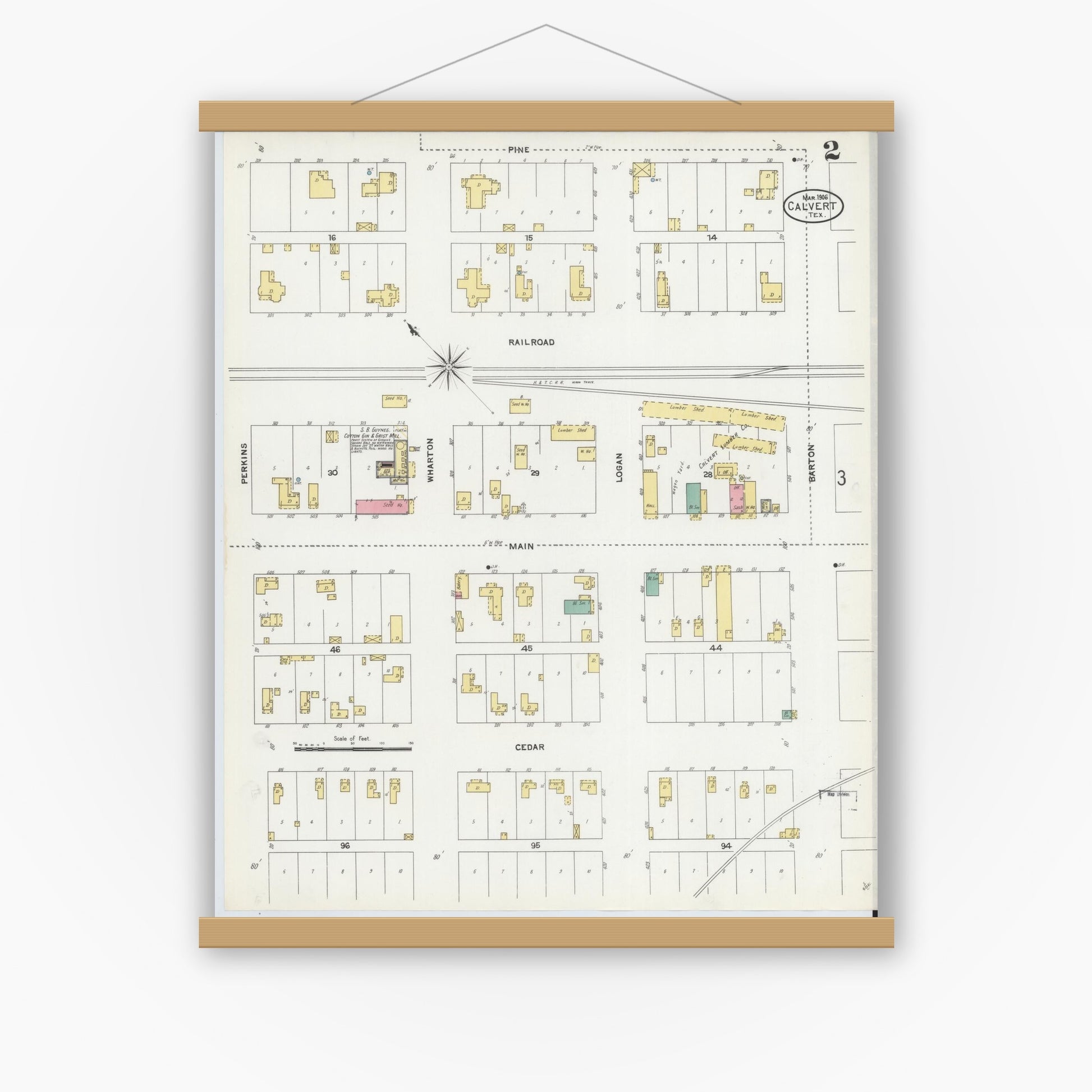 Old map wall art mockup — magnetic wood frame on white wall — Sanborn Fire Insurance Map from Calvert, Robertson County, Texas (1906), Sheet #0002